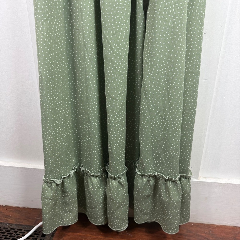 Simplee Sage Green Polka Dot Smocked Maxi Dress Ruffle Hem Boho Cottage Size L - Picture 4 of 13